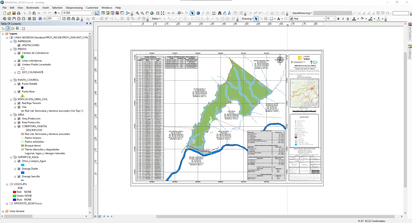 Cartografia predial en ArcMap con capas de colindancia, puntos de control y cobertura vegetal