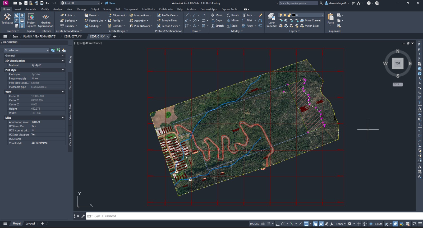 Levantamiento tecnico en Civil 3D con ortofoto, drenajes y trazados prediales