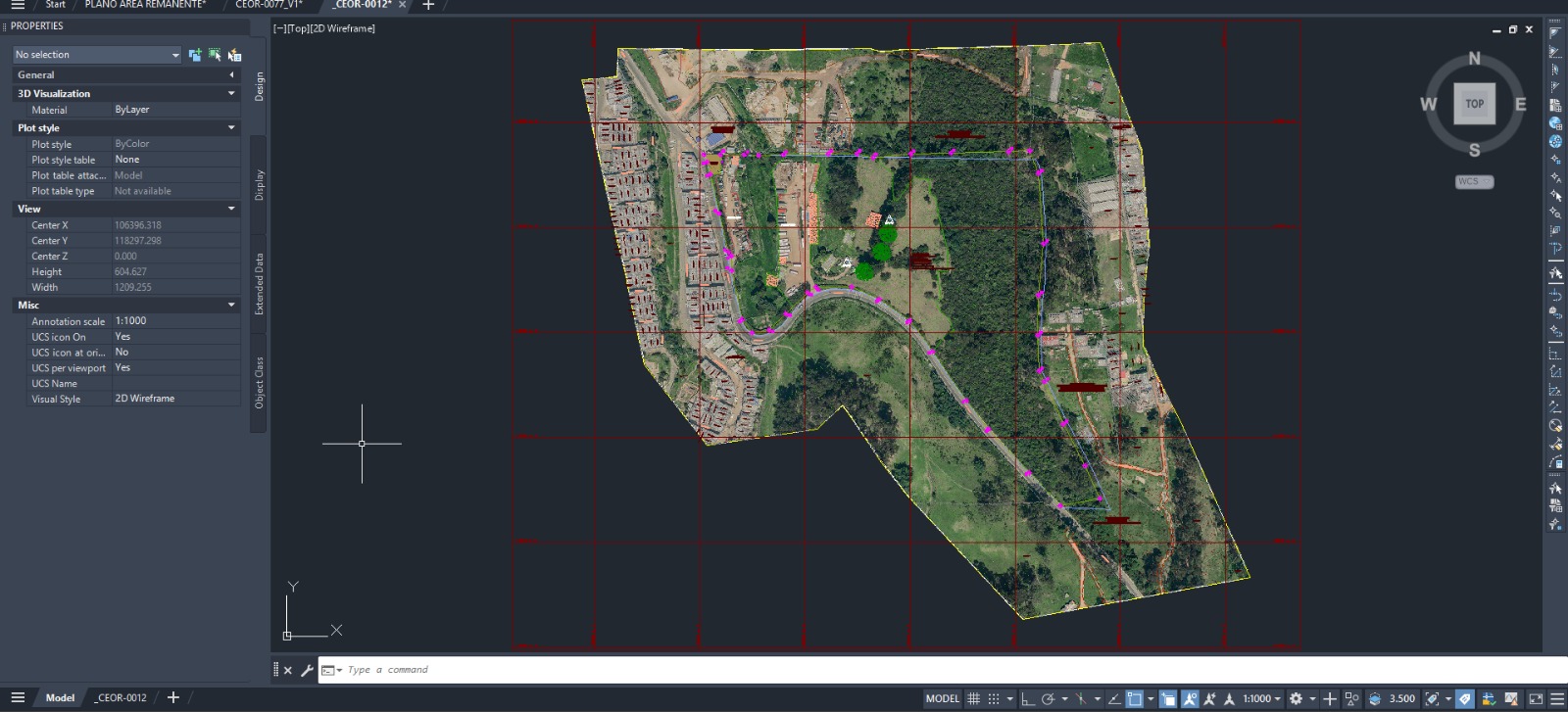 Levantamiento en Civil 3D con area urbana, cobertura vegetal y puntos de control