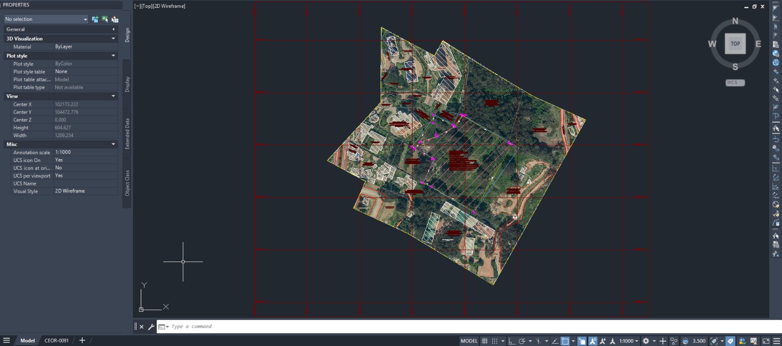 Levantamiento en Civil 3D con delimitacion predial, construcciones y grilla tecnica
