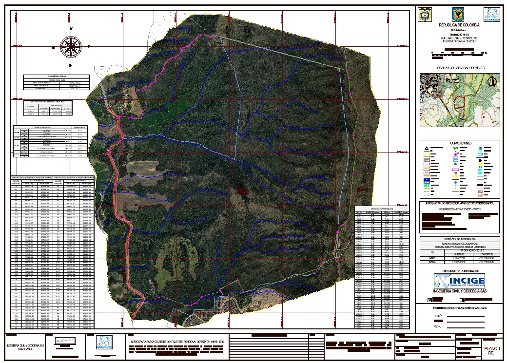 Plano cartografico con ortofoto, red hidrica, coordenadas y convenciones tecnicas