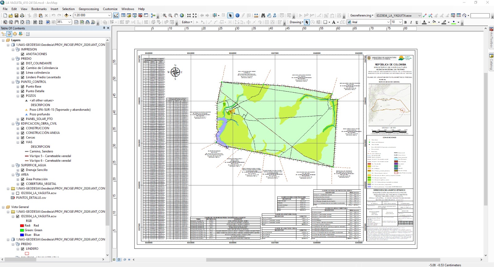 Plano de levantamiento predial con areas, vias y drenajes en entorno ArcMap