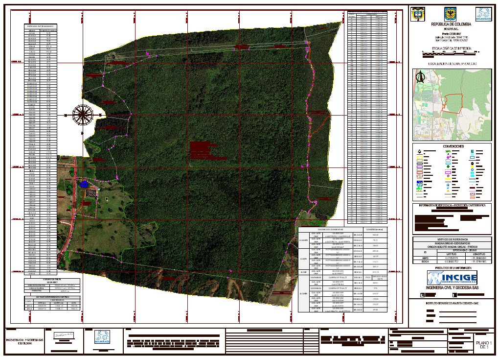 Plano topografico sobre ortofoto con grilla, vertices y convenciones cartograficas